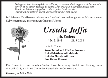 Traueranzeige von Ursula Juffa von Südthüringer Presse