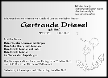 Traueranzeige von Gertraude Driesel von Südthüringer Presse