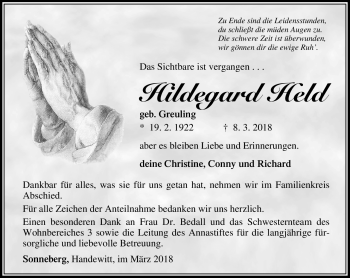 Traueranzeige von Hildegard Held von Südthüringer Presse