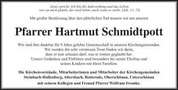 Traueranzeige von Hartmut Schmidtpott von Südthüringer Presse