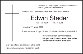 Traueranzeige von Edwin Stader von Frankenpost