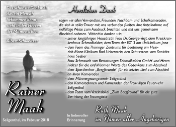 Traueranzeige von Rainer Maak von Südthüringer Presse