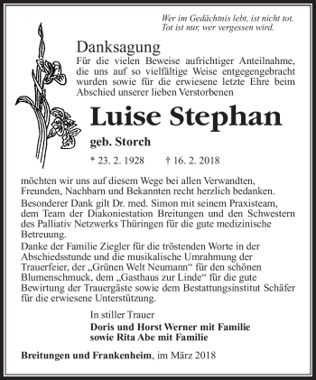 Traueranzeige von Luise Stephan von Südthüringer Presse