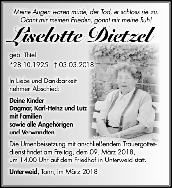 Traueranzeige von Liselotte Dietzel von Südthüringer Presse