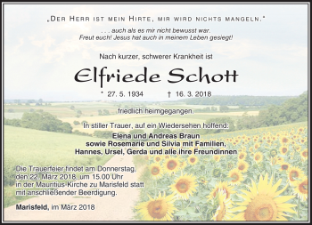 Traueranzeige von Elfriede Schott von Südthüringer Presse