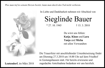 Traueranzeige von Sieglinde Bauer von Neue Presse Coburg