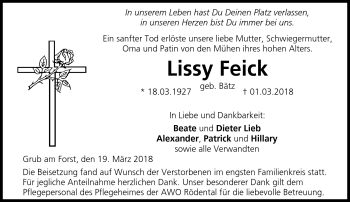 Traueranzeige von Lissy Feick von Neue Presse Coburg