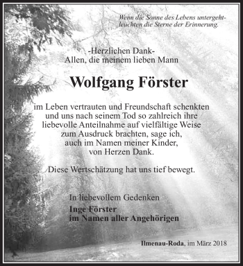 Traueranzeige von Wolfgang Förster von Südthüringer Presse