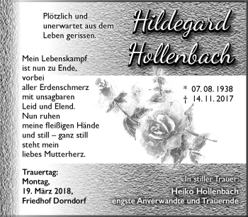Traueranzeige von Hildegard Hollenbach von Südthüringer Presse