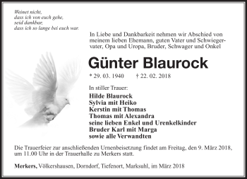 Traueranzeige von Günter Blaurock von Südthüringer Presse