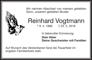 Traueranzeige von Reinhard Vogtmann von Frankenpost