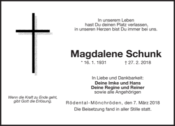 Traueranzeige von Magdalene Schunk von Neue Presse Coburg