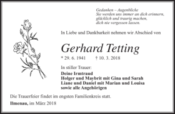 Traueranzeige von Gerhard Tetting von Südthüringer Presse