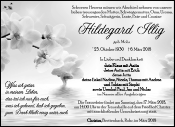 Traueranzeige von Hildegard Illing von Südthüringer Presse