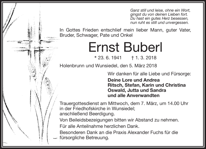 Traueranzeige für Ernst Buberl vom 05.03.2018 aus Frankenpost