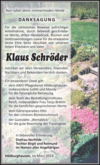 Traueranzeige von Klaus Schröder von Südthüringer Presse
