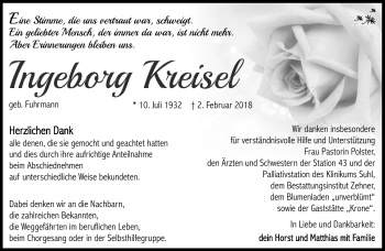 Traueranzeige von Ingeborg Kreisel von Südthüringer Presse