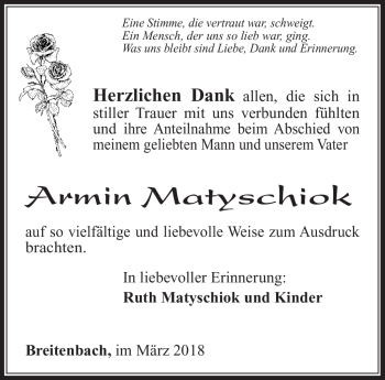 Traueranzeige von Armin Matyschiok von Südthüringer Presse