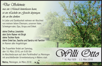 Traueranzeige von Willi Otto von Südthüringer Presse