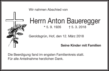 Traueranzeige von Anton Baueregger von Frankenpost