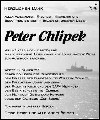 Traueranzeige von Peter Chlipek von Südthüringer Presse