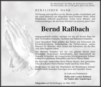 Traueranzeige von Bernd Raßbach von Südthüringer Presse