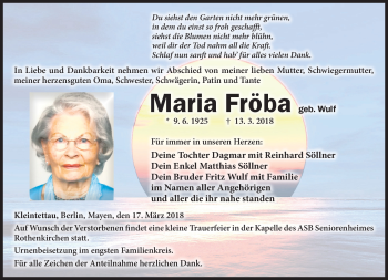 Traueranzeige von Maria Fröba von Neue Presse Coburg
