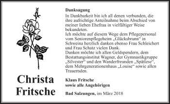 Traueranzeige von Christa Fritsche von Südthüringer Presse