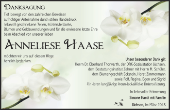 Traueranzeige von Anneliese Haase von Südthüringer Presse