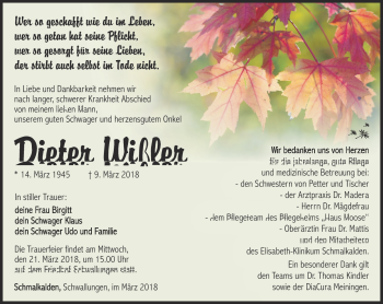 Traueranzeige von Dieter Wißler von Südthüringer Presse