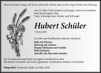 Traueranzeige von Hubert Schüler von Südthüringer Presse
