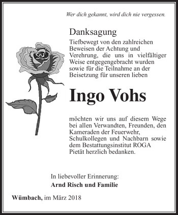 Traueranzeige von Ingo Vohs von Südthüringer Presse