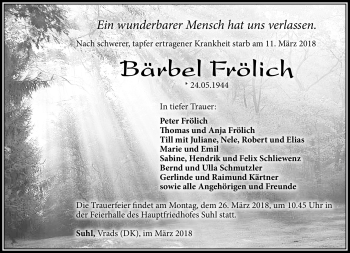 Traueranzeige von Bärbel Frölich von Südthüringer Presse