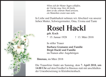 Traueranzeige von Rosel Hackl von Südthüringer Presse
