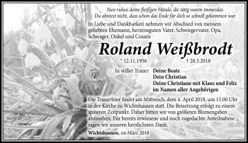 Traueranzeige von Roland Weißbrodt von Südthüringer Presse