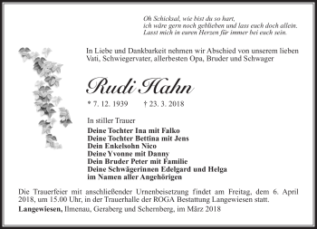 Traueranzeige von Rudi Hahn von Südthüringer Presse