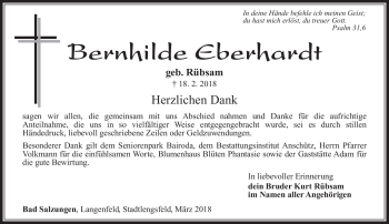 Traueranzeige von Bernhilde Eberhardt von Südthüringer Presse