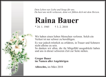 Traueranzeige von Raina Bauer von Südthüringer Presse