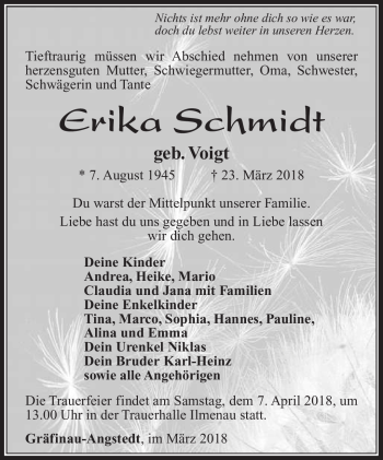 Traueranzeige von Erika Schmidt von Südthüringer Presse