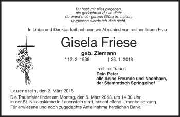 Traueranzeige von Gisela Friese von Neue Presse Coburg