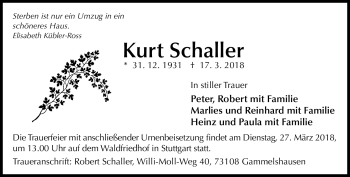 Traueranzeige von Kurt Schaller von Frankenpost