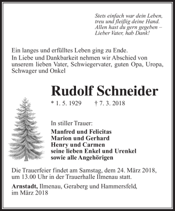 Traueranzeige von Ruldolf Schneider von Südthüringer Presse