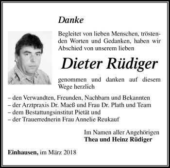 Traueranzeige von Dieter Rüdiger von Südthüringer Presse