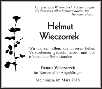 Traueranzeige von Helmut Wieczorrek von Südthüringer Presse