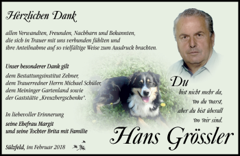 Traueranzeige von Hans Gössler von Südthüringer Presse