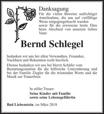 Traueranzeige von Bernd Schlegel von Südthüringer Presse