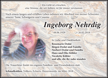 Traueranzeige von Ingeborg Nehrdig von Südthüringer Presse