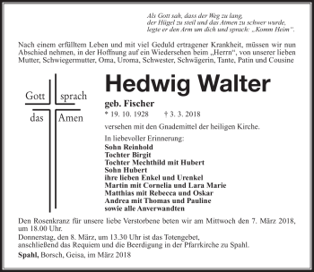 Traueranzeige von Hedwig Walter von Südthüringer Presse