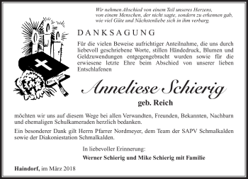 Traueranzeige von Anneliese Schierig von Südthüringer Presse