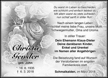 Traueranzeige von Christa Gensler von Südthüringer Presse
